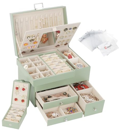 Casiwaft Scatola Portagioie a 3 livelli, Grande Porta Gioielli in Pelle PU con custodia da viaggio portatile, Grande Organizzatore di Gioielli per Anelli Orecchini Bracciali Collane, Verde avocado