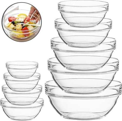 TESIN Glass Mixing Bowls Set of 9, Glass Nesting Bowls Glass Prep Bowls Clear Glass Salad Bowls for Kitchen Prep Salad, Ice Cream, Pasta, Cereal, Fruits