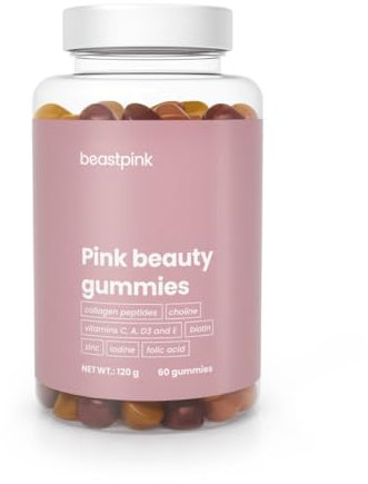 BeastPink Pink Beauty Gummies – Komplex mit Zink, Vitaminen, Jod & Kollagen, für Haut, Haare, Augen & Immunsystem, aus Deutschland, 60 leckere Gummibärchen