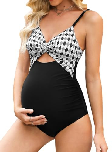 CUPSHE Damen Maternity Badeanzug V Ausschnitt Twisted Cutouts Nach Schwangerschaft Einteilige Umstandsbademode Swimsuit Schwarz/Weiß/Geo M