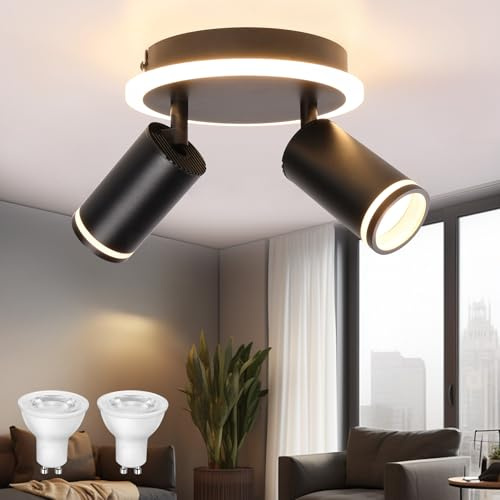 Taklampa med 2 vattentät spotlight, modern svart takspotlight, taklampa med lägre belysning 6W + 2 x 5 W GU10 LED-spotlight, varmvit 3 000 K, LED-spotlight runt tak för kök, vardagsrum, sovrum | Taklampa skena med lägre glöd 6 W 2 x 5 W GU10 LED, 3 000 K varm vit, modern takspotlight lampa för kök vardagsrum hall