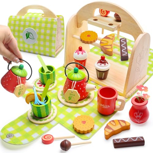VBACALA Set da tè Per Bambini, Accessori da Cucina In Legno,23 Pezzi Di Accessori da Cucina con Scatola In Legno, Gioco di Ruolo All'aperto per Bambini e Bambine 3 4 5 Anni (Verde)