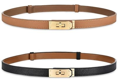 ANHAISHUILV Women's Skinny Leather Belt with Adjustable Golden Turn-Lock Buckle - Ideal for Dresses, Jeans, and Coats, Caramel Black