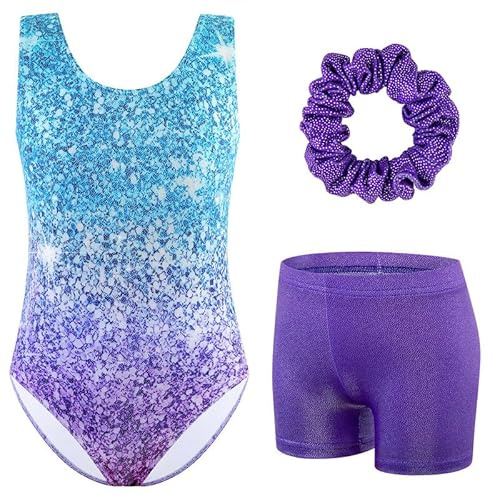 XiaoMoSha Girls Three-Piece Gymnastics Leotards Set Sleeveless Leotards with Shorts and Hairband Sparkly Gradient Color Ballet Dance Unitards Gymnastics Outfits for Kids 3-12 Years