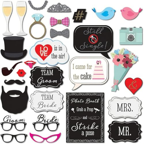 Wedding Photo Props, Wedding Photo Booth Props, Hen Do Prop - HSC 31PCS DIY Paper Prop for Engagement Party with Glasses, Crowns, Rings, Bouquets and else (Assembled with Bamboo Sticks & Glue Dots)