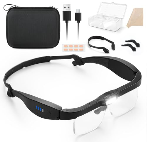 MoKo Magnifying Glass with Light, 1.0X to 4.0X Rechargeable Magnifier Headset, Hands Free Head Mount Magnifier with 5 Detachable Lenses, Magnifying Glasses for Close Work Hobbies Crafts Jewelry