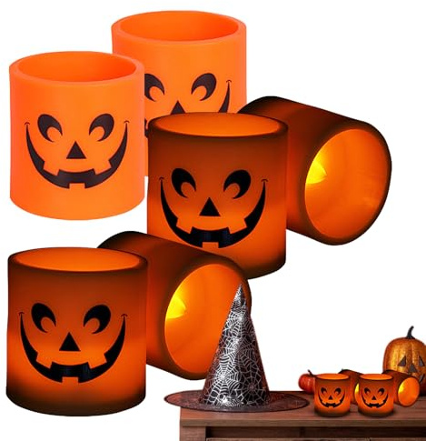 Generiskt pumpa-LED-set, 6 x flamlösa Halloween-ljuslampor – batteridrivna, orangefärger | dekorativa lyktor för fest, fönster eller presentidéer