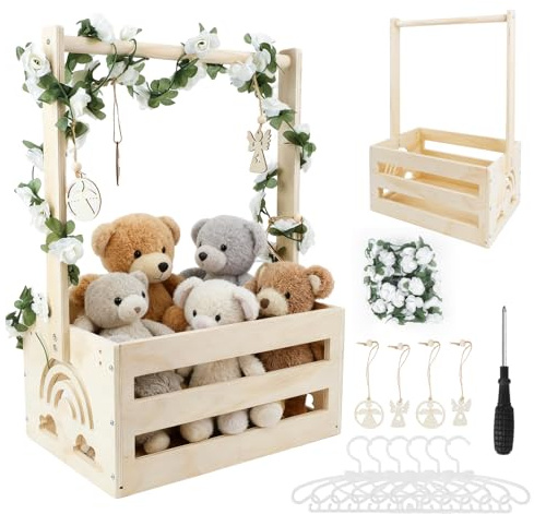 Caisse en Bois Rangement Bébé - Panier Penderie Bébé Avec Cintre et Guirlande | Idéale Cadeau Fête Prénatale & Rangement Vêtement Bébé, Pour Baby Shower De Nouveau-Né Nouveaux Parents