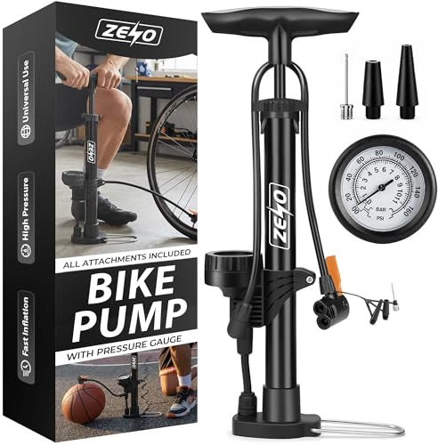 ZENO Bike Pump with Pressure Gauge | Bicycle Pump for All Bikes | High Pressure Floor Pump with Presta & Schrader Valves | Durable Pump for Bikes, Sports Balls, Inflatables and Everyday Use