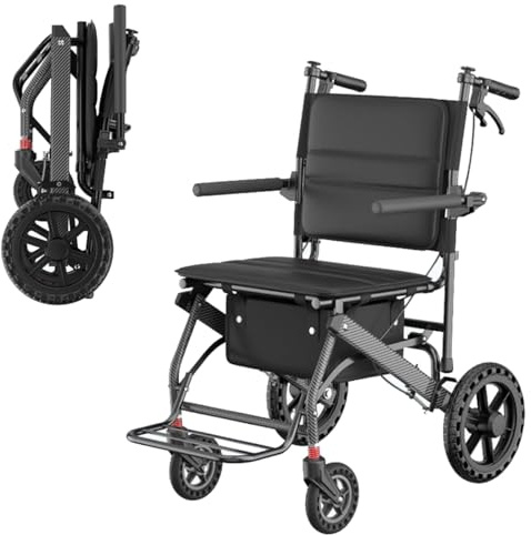 Fauteuil Roulant Pliable Leger 3 en 1, Deambulateur 4 Roues avec Siège et Sac de Rangement, Chaise Roulante Carbone Coussin d'assise Amovible Pour Intérieur Étroit, 10 Kg, Jusqu'à 150 kg