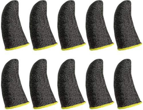 STOBAZA Lot de 10 Manchons de Doigt Anti-Transpiration Noirs Bordure Jaune, en Fibre D'argenté Respirante, Taille Unique, Protection pour Écran Tactile, Accessoires de Jeu Mobile