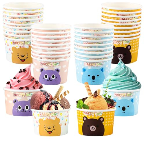 SilverChry 40Pcs Coppette Gelato Carta, Coppette Gelato Usa e Getta 150ml, Materiali per Uso Alimentare, Coppe Carta perGelato con Graziosi Motivi di Animali, per Torte, Gelati e Bevande