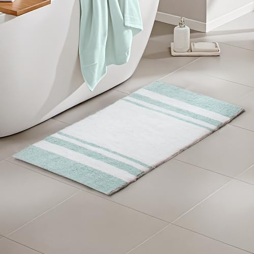 Madison Park Reversible Spa Cotton Bath Rug 100%-Cotton Striped Ultra Soft Water Absorbent, Fast Drying, Bath-Mats, Non-Slip Absorbent Quick Dry Mats for Tub, Shower Room, and Bathroom, 20x30, Aqua