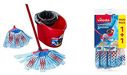 Vileda SuperMocio 3Action XL Mop and Bucket Set with Extra Refill, Twin Pack, Red, Microfiber