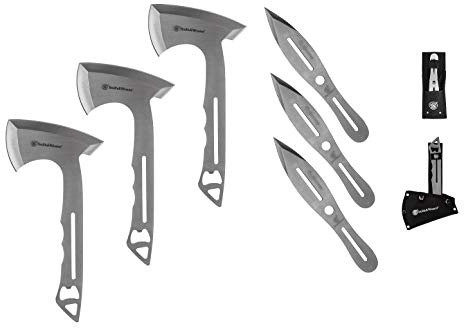 Smith & Wesson 8in Throwing Knives and 10in Axes Combo with Full Tang Stainless Steel Design, Bottle Opener and Nylon Sheaths for Recreation and Competition