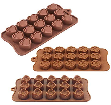 Silikon Schokoladenform,3 Stück Pralinenformen Formen Antihaft Schokoladenformen Silikonform Herz Backbleche für Valentinstag Weihnachtsfeier Herzform und Rosenform