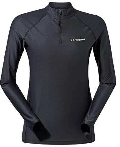 Berghaus Women's 24/7 Half Zip Long Sleeve Tech Baselayer T-Shirt | Moisture Wicking | Breathable Technical T-Shirt, Black/Black, 12
