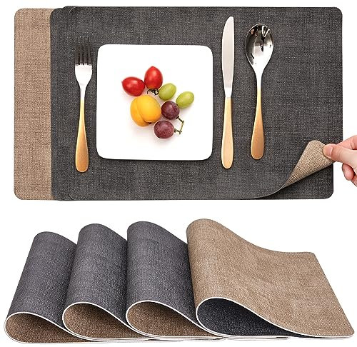 Myir JUN Tischsets Abwaschbar und Untersetzer 4er Set, Platzsets Abwaschbar Doppelseitig Bedruckt Kunstleder Schmutzabweisend & rutschfest, Platzdeckchen Abwischbar Lederoptik für Küche & Esszimmer