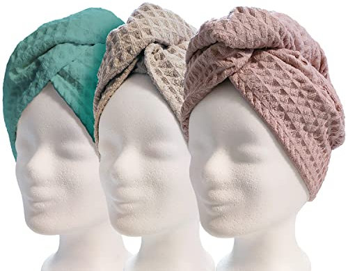 Lead Care Haarturban, Turban, Haartrockentuch, 3er Set - schnell trocknendes Mikrofaser Trockentuch mit Knopf (3er Set weiß, Creme, rosa) (türkis, Creme, rosa)