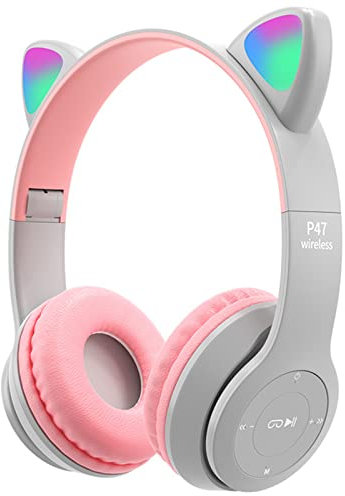 arVin Auriculares inalámbricos para niños, Bluetooth para niños, auriculares sobre la oreja con micrófono, oreja de gato, luz LED, plegables, para niñas y niños, regalo a partir de 7 años (gris)