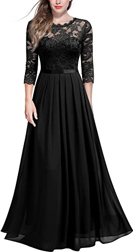 MIUSOL Women's Retro Floral Lace 3/4 Sleeve Wedding Bridesmaid Maxi Dress (Large, Black)