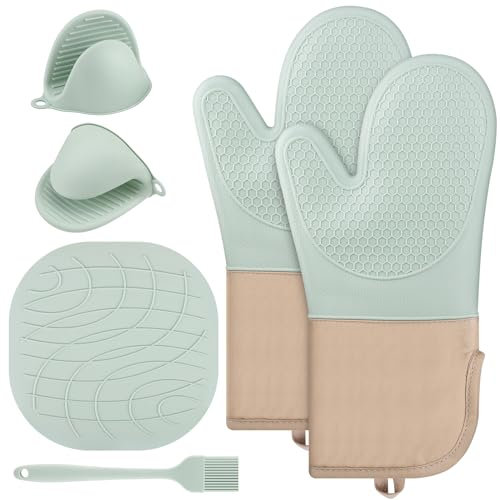 Guanti da forno in silicone,set di guanti da cucina, Set di 6 Guanti da Cucina Silicone Resistente al Calore Guanti da Cucina Adatti per Cucinare Cuocere e Grigliare (Verde Menta)