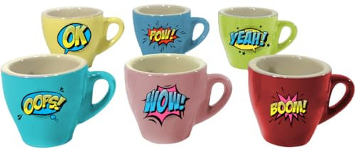 Set 6 Tazzine da caffè in Ceramica Colorate Personalizzate con Onomatopee Fumetti Particolari Colori Assortiti Idea Regalo Originale Natale Compleanno Cucina Prima Colazione Mattina Arredo Casa Tavola
