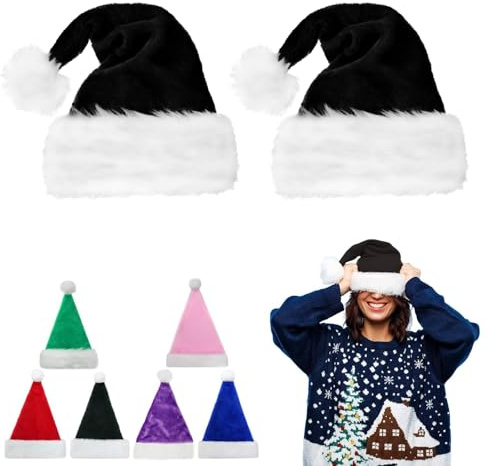 45cm Christmas Hats Santa Hat for Adults,2 Pcs Deluxe Velvet Xmas Santa Claus Hat,Unisex Velvet Comfort Christmas Party Hat Thicken Classic Fur for New Year Festive Christmas Party Supplies(Black)