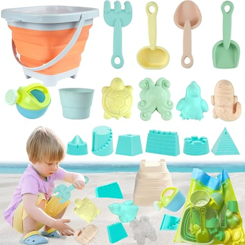 VEEKAY Juguete de arena para niños, juego de 18 juguetes de arena, caja de arena con cubo plegable, pala, rastrillo de arena, bolsa de malla, juguete para rastrillo de arena para niños a partir de 1