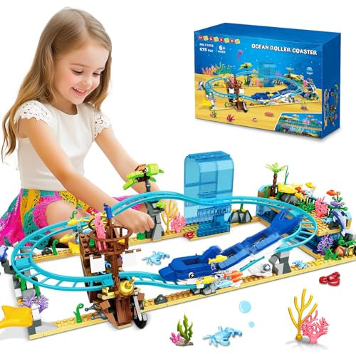 HOGOKIDS Roller Coaster Building Set - Aquarium Blocs 675 PCS Pirate Boat & Dolphin Train, Montagnes Russes Cadeau 6-12 Ans