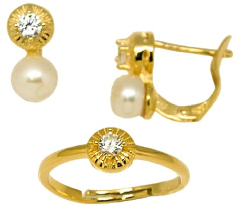 Minoplata Conjunto de Pendientes y Anillo ajustable de Plata chapada en Oro con Perlas cultivadas y Circonitas