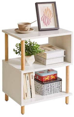 Aibiju Weißer Beistelltisch, Nachttisch， Kaffeetisch, Sofatisch mit 2 offenen Fächern für Schlafzimmer, Wohnzimmer, Weiße + holzfarbene Beine, YD-TM152W