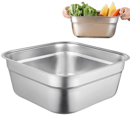Grtheenumb Dish Tub Stainless Steel Wash Tub 12'' Square Wash Basin Stable Flat Bottom Vegetable Washing Basket with Smooth Wide Edge Washing Up Bowl Multi-Purpose Dish Pan for Kitchen, Dish Tub