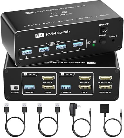 KVM Switch 2 Monitors 2 Computers, 8K@60Hz KVM Switch HDMI Extended Display, 4K@120Hz, KVM Switches for 2 Computers Sharing 2 Monitor, 4 USB 3.0 Devices Such as Keyboard, Mouse, Printer, Scanner