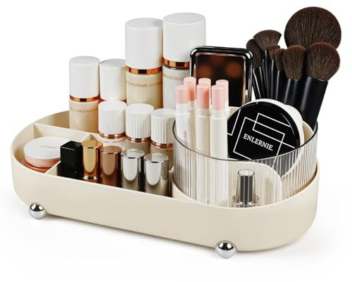 ilauke 360° Drehbarer Make Up Organizer mit Schubladen – Multifunktionaler Schminktisch Organizer für Bad & Schlafzimmer, Großzügiges Fassungsvermögen, Badezimmer Organizer (Beige)