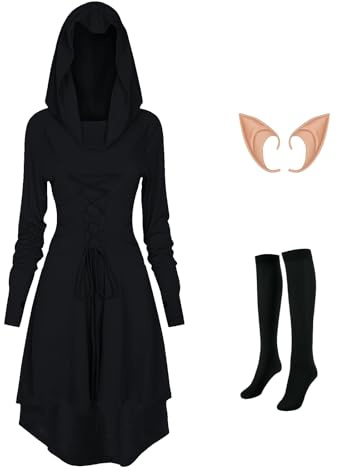 MVFEUIJ Vestido gótico para mujer, ropa medieval, vestido retro con capucha, medias y pendientes a juego, vestido renacentista para Halloween (negro, S)