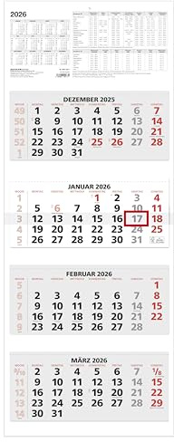 Zettler Calendario 4 mesi rosso 2026 – Calendario da parete 34 × 88 cm con cursore della data, 4 blocchi da 1 mese/foglio, pannello superiore 20 cm e striscia inferiore 3 cm, panoramica annuale