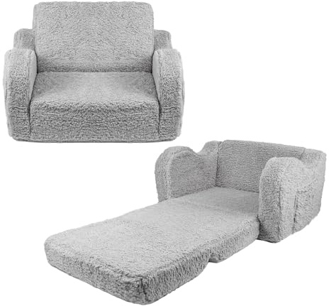 Toemics 2-in-1 Kids Sofa Bed Convertible Toddler Couch to Lounger Chair with Removable Washable Cover Sherpa and Plush Folding Sofa Bed for Boys Girls, Gift for Birthday, Christmas (Grey)