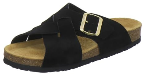 AFS-Schuhe 2141, Flache schwarzalen Damen Leder Pantoletten, bequem Sommer Fußbett und Schnalle (40 EU, schwarz)