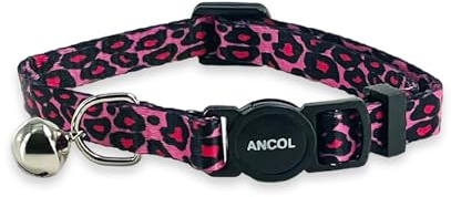 Ancol Adjustable Cat Collar with Safety Bell and Break Apart Buckle Pink Leopard Print Pattern