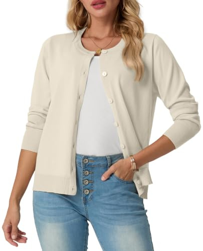 GRECERELLE Cardigan d'été léger à manches longues pour femme - Fin et élégant - Col rond - Cardigan décontracté - Gilet en tricot classique avec boutons, Couleur blé, XXL