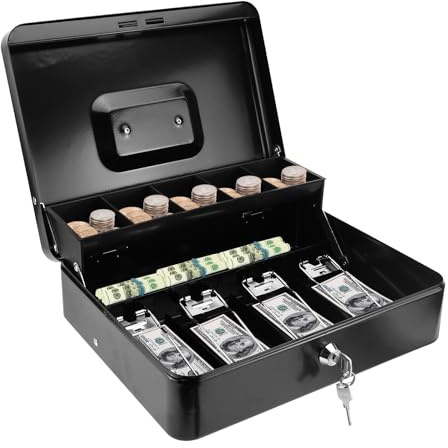 LPZMPZ Caja de caudales con cerradura, resistente al fuego, impermeable, con 2 llaves, portátil, grande, 30 x 24 x 9 cm, color negro