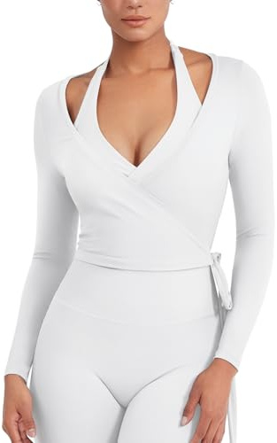 YEOREO Women Pilates Wrap Top Long Sleeve Tie Ballet Workout Yoga Shirt Michelie Y2K V Neck Cropped Tops White S