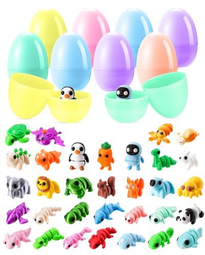 Kizmyee 8 stycken påskägg för fyllning med 32 stycken 3D-djurfigurer, flexibla rörliga fidget-leksaker, presenter för påskägg, födelsedagspresenter, belöningar för att avsluta skolan för barn