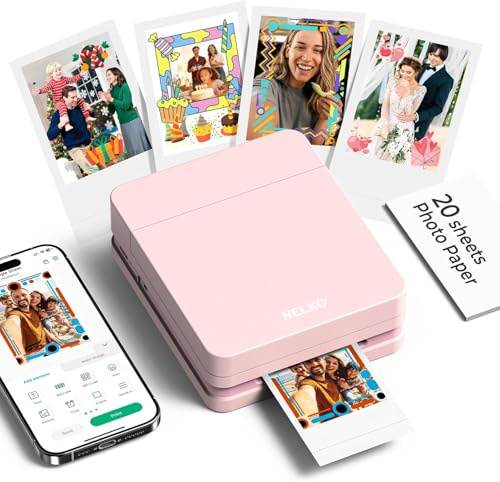 Nelko Fotodrucker PP01 Farbe Tragbarer Mini Fotodrucker für Smartphone mit 20 Fotopapier, Tintenstrahl Aufkleber Drucker, Sticky Back Fotos für iOS & Android, Smart AI APP, Rosa