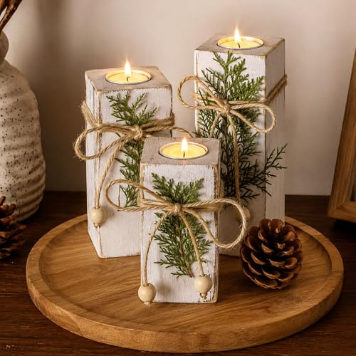 Set de portavelas de Madera para Velas Tipo tealight de 3 Piezas – candelabros Decorativos de Mesa Estilo rústico – decoración de Madera como Regalo para Las festividades (Blanco Antiguo)