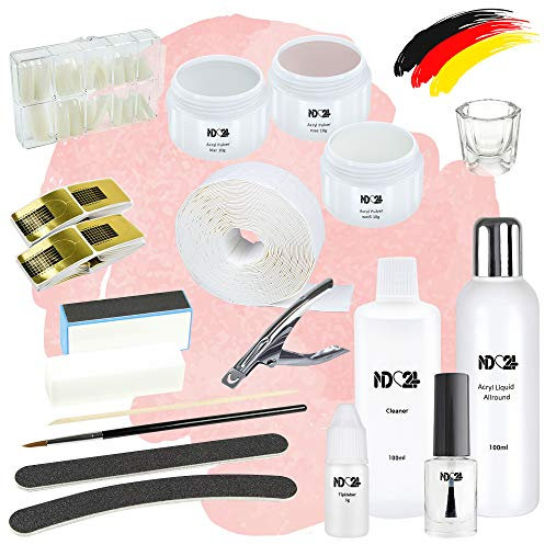 ND24 NailDesign – Acryl Starter Set Studio mit Acryl Farbpulvern, Liquid Allround, Pinsel, Modellier-Schablonen, Tips & Zubehör – 18-teiliges Acrylnägel Komplettset zur Acryl-Modellage