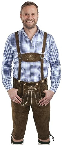 Läderbyxor för män, knäband – folkdräkts-läderbyxor, humle och malt – äkta läder, Oktoberfest, knäbundna läderbyxor inkl. Hängslen