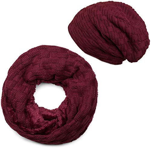 styleBREAKER Strick Loop Schal und Beanie Mütze Set mit Flecht Muster, Fleece Innenfutter, Winter, Unisex 01018211, Farbe:Bordeaux-Violett