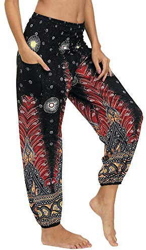 Nuofengkudu Femme Hippie Sarouel Harem Thai Pantalon Poches Boho Fleuri Print Taille Haute Baggy Casual Plage Leger Yoga Pants (Vert B,Taille Unique)